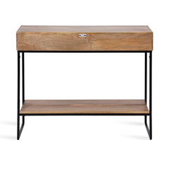 Console Table with Two Drawers, Brown Mango Wood Top and Black Metal Base