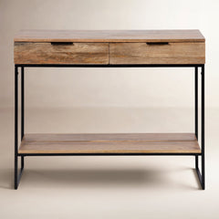 Console Table with Two Drawers, Brown Mango Wood Top and Black Metal Base