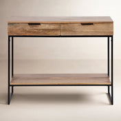 Console Table with Two Drawers, Brown Mango Wood Top and Black Metal Base