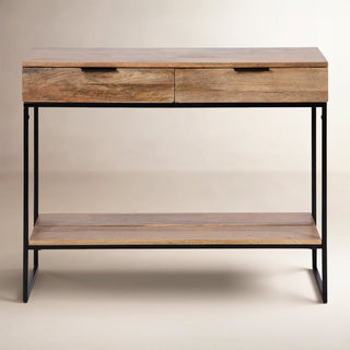 Console Table with Two Drawers, Brown Mango Wood Top and Black Metal Base
