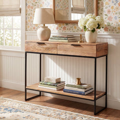 Console Table with Two Drawers, Brown Mango Wood Top and Black Metal Base
