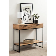 Console Table with Two Drawers, Brown Mango Wood Top and Black Metal Base