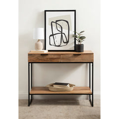 Console Table with Two Drawers, Brown Mango Wood Top and Black Metal Base