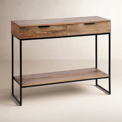 Console Table with Two Drawers, Brown Mango Wood Top and Black Metal Base