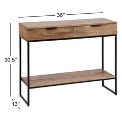 Console Table with Two Drawers, Brown Mango Wood Top and Black Metal Base