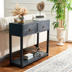Console Table with Two Drawers in Matte Navy Wood