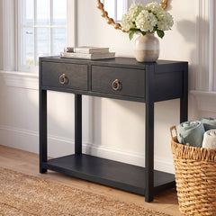 Console Table with Two Drawers in Matte Navy Wood