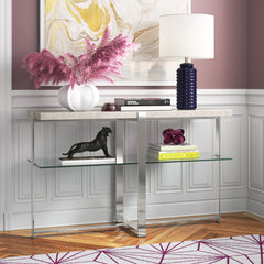 Console Table with White Marble Top and Chrome Metal Cross Base