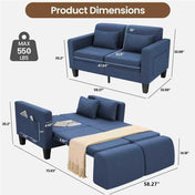 Convertible Loveseat Sleeper, Full Size, Navy Linen Blend, Black Legs