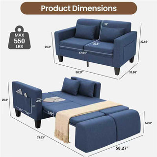Convertible Loveseat Sleeper, Full Size, Navy Linen Blend, Black Legs