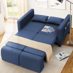 Convertible Loveseat Sleeper, Full Size, Navy Linen Blend, Black Legs
