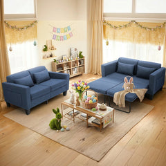 Convertible Loveseat Sleeper, Full Size, Navy Linen Blend, Black Legs