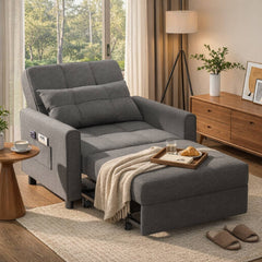 Convertible Sleeper Chair, Linen Blend, Dark Gray, Black Steel Legs