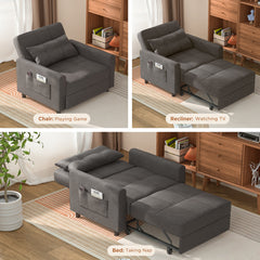 Convertible Sleeper Chair, Linen Blend, Dark Gray, Black Steel Legs