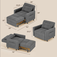 Convertible Sleeper Chair, Linen Blend, Dark Gray, Black Steel Legs