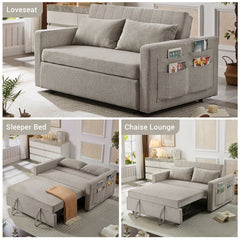 Convertible Sleeper Loveseat, Full Size, Light Gray Linen, Black Legs