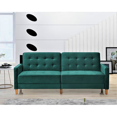 Convertible Sleeper Sofa, Twin Size, Green Velvet, Solid Wood Legs
