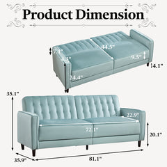 Convertible Sofa Bed, Seats 3, Mint Blue Velvet with Black Frame