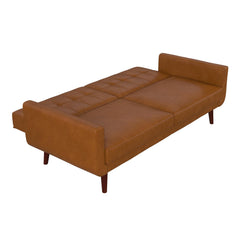 Convertible Sofa, Camel Faux Leather with Brown Wood Legs