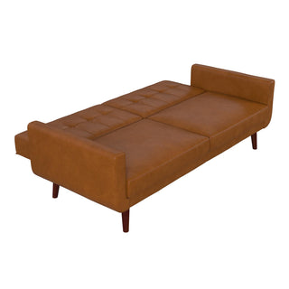 Convertible Sofa, Camel Faux Leather with Brown Wood Legs
