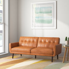 Convertible Sofa, Camel Faux Leather with Brown Wood Legs