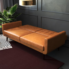 Convertible Sofa, Camel Faux Leather with Brown Wood Legs