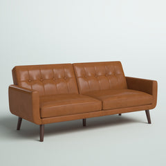 Convertible Sofa, Camel Faux Leather with Brown Wood Legs