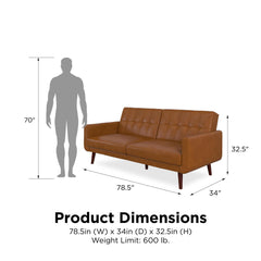 Convertible Sofa, Camel Faux Leather with Brown Wood Legs