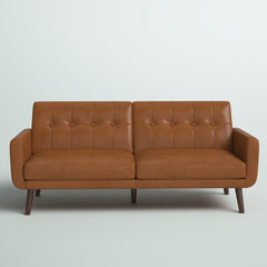 Convertible Sofa, Camel Faux Leather with Brown Wood Legs