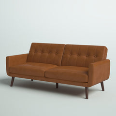 Convertible Sofa, Camel Faux Leather with Brown Wood Legs