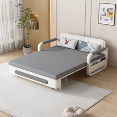 Convertible Twin Bed with Pop-Up Trundle, Pine Frame, Gray Tufted Twill