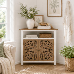 Corner Accent Cabinet with 2 Doors in White and Natural Wood