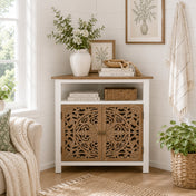 Corner Accent Cabinet with 2 Doors in White and Natural Wood