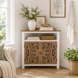 Corner Accent Cabinet with 2 Doors in White and Natural Wood
