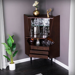 Corner Bar Cabinet, Solid Birch and Engineered Wood, Dark Tobacco