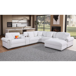 Corner Sectional Sofa, 6-Seater, White Polyester Chenille, Reversible, Matte Black Legs