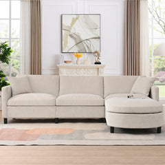 Corner Sectional Sofa with Ottoman, 4-Seat, Beige Polyester, Black Legs