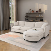 Corner Sectional Sofa with Ottoman, 4-Seat, Beige Polyester, Black Legs