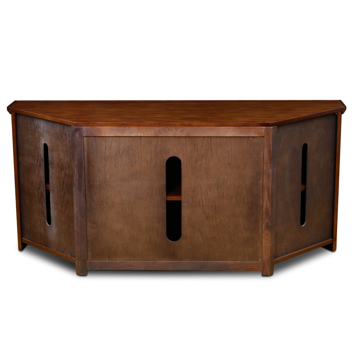 Corner TV Stand, 56 Inches Wide, Oak Finish with Blackened Metal Hardware