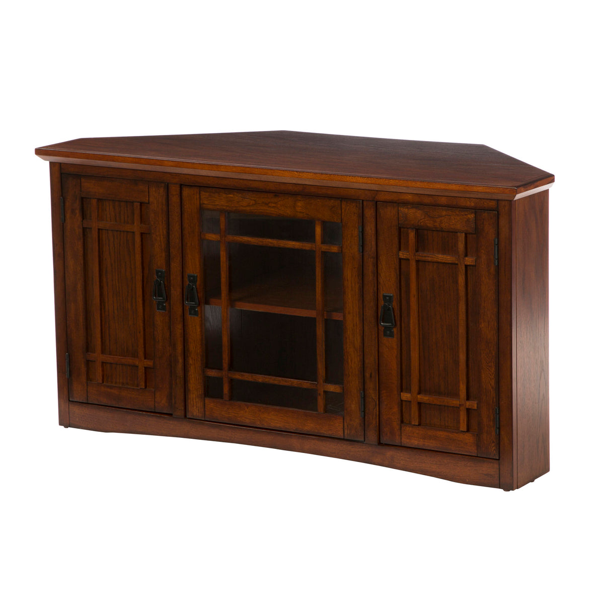 Corner TV Stand, Solid Wood, Oak Finish with Blackened Hardware