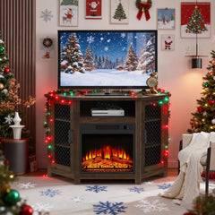 Corner TV Stand with Electric Fireplace, Dark Walnut Finish