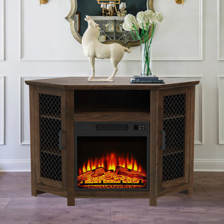 Corner TV Stand with Electric Fireplace, Dark Walnut Finish