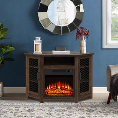 Corner TV Stand with Electric Fireplace, Dark Walnut Finish
