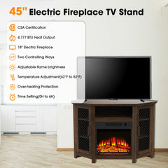 Corner TV Stand with Electric Fireplace, Dark Walnut Finish