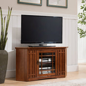 Corner TV Stand with Solid Wood Construction in Oak