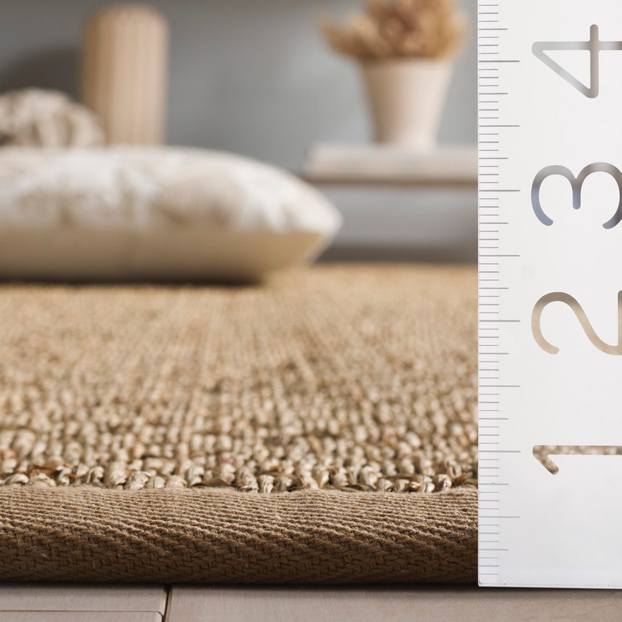 Close up | the bamboo slat and seagrass weave, edge binding and pile depth