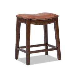 Counter Height Barstool, Genuine Leather Saddle Seat, Solid Wood Frame, Brown