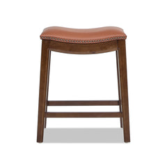 Counter Height Barstool, Genuine Leather Saddle Seat, Solid Wood Frame, Brown
