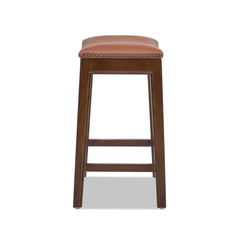 Counter Height Barstool, Genuine Leather Saddle Seat, Solid Wood Frame, Brown