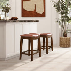 Counter Height Barstool, Genuine Leather Saddle Seat, Solid Wood Frame, Brown
